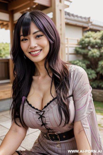 Close! immersive expression. gothy milfy japanese hooker. long loose wavy purple hair. closeup in decent clothes. she is naturally tanned. real-life sei-ra sodes-hiro! in an arousement park. it seems as if she closely teases me. - ai-porn.ai - Japan - county Hooker on pornintellect.com