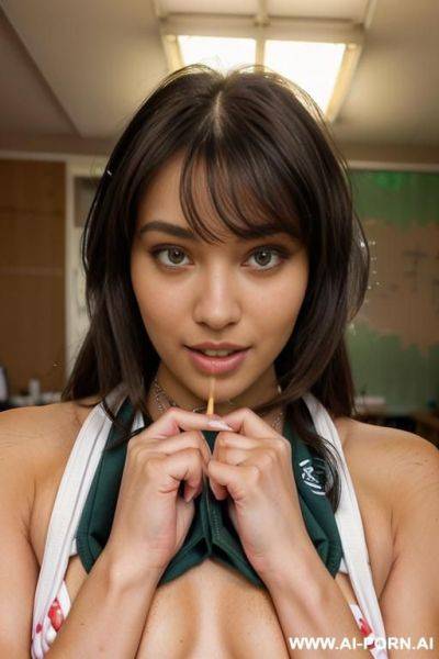 ((topless)), (pretty face), (inviting eyes), (necklace), (wide hips), (thick thighs), (long voluminous hair), (light tan), (detailed face), (coffee shop) - ai-porn.ai on pornintellect.com