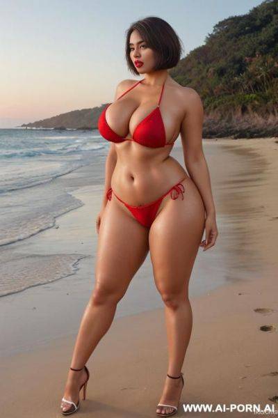 Tall busty chilean, 2, gorgeous face, thick lips, brunette bobcut, brown eyes, lipstick, massive saggy boobs, waist, abs, huge ass, thick legs, wide hips, seductive, beach, standing up, full body picture, red micro bikini, white skin - ai-porn.ai - Chile on pornintellect.com