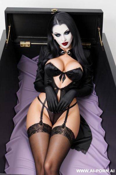 Похоронная церемония, черные свечи, венки, гроб обит шелком,vampire femboi bimbo in stockings in coffin at funeral - ai-porn.ai on pornintellect.com