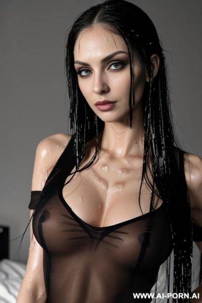 (long straight hair) (gothic model) (deep of field) ((eye contact)) (ideal facial ratios) (flirty and sexy energy) (soft skin) (makeup) ((look into camera)) ((smokey eye)) (low light) (dark background) ((see trough shirt)), (((wet shirt))) - ai-porn.ai on pornintellect.com