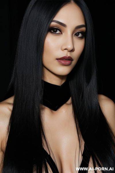(long straight hair) (gothic model) (deep of field) ((eye contact)) (ideal facial ratios) (flirty and sexy energy) (soft skin) (makeup) ((look into camera)) ((smokey eye)) (low light) (black dark background) ((black shibari)) - ai-porn.ai on pornintellect.com