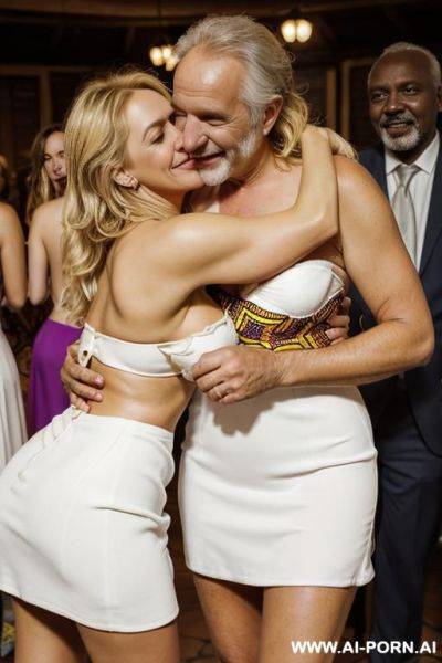 ((((medium shot)))) ((((hugging african oldman behind )))) at the celebration wedding ((((keep same face)))) ((((pretty blonde disheveled spanish hot wife)))) on stage bathes in beer a lot of beer - ai-porn.ai - Spain on pornintellect.com