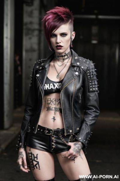 Photorealist, athletic, vi from the serie arcane naked, punk woman, bad woman, masculine woman, leather jacket - ai-porn.ai on pornintellect.com