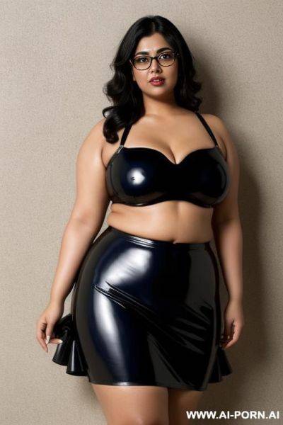 Half body photo shot, a punjabi very obese fat bbw woman with thick legs and fat, black hair in blue latex ruffle micro skirt without top, with glasses - ai-porn.ai on pornintellect.com