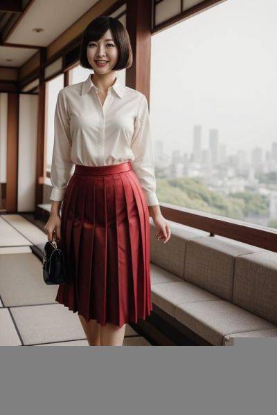 Japanese woman, hourglass figure, pleated red skirt, smiling, bobcut, low-cut shirt - ai-porn.ai - Japan on pornintellect.com