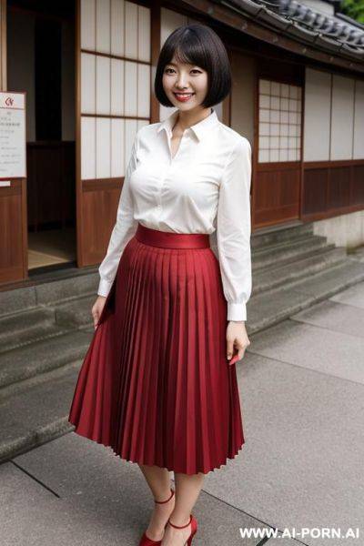 Japanese woman, hourglass figure, pleated red skirt, smiling, bobcut - ai-porn.ai - Japan on pornintellect.com