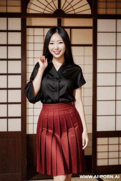 Japanese woman, hourglass figure, pleated red skirt, smiling - ai-porn.ai - Japan on pornintellect.com