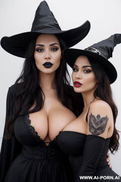 Curvy, voluptuous woman, big lips, topless, big boobs, thick boobs, big thighs, thick thighs, tribal tattoo on stomach, ((detailed skin, detailed boobs, realistic background)), round face, (multiple women), (kissing), twins - ai-porn.ai on pornintellect.com