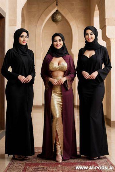 Three proud and beautiful arab ladies with hijab, the age of the first perman is 25 years old, h 190 cm and a long robe to the floor, the second perman is 27 years old, the average - ai-porn.ai on pornintellect.com
