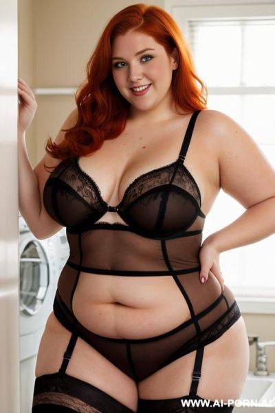 Half-length photo, as a setting in the laundry area, a fat chubby fat thick and bbw redhead british, she is washing clothes and is soaked in foamy water. she has lovehandless and a soft - ai-porn.ai - Britain on pornintellect.com