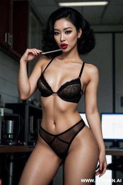 Sexy asian spy, sleek black revealing spy outfit with cleavage, tape over mouth, in abandoned lab, mind control tech, smart, fuckable, tom - ai-porn.ai on pornintellect.com