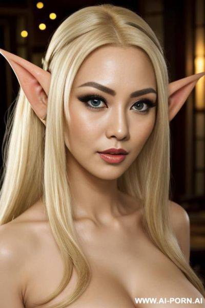 Three women, asian, blonde hair, big eyes, penis, sex, touching, one man, elf, elf ears, pointy ears - ai-porn.ai on pornintellect.com