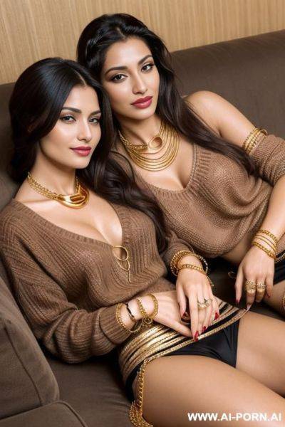 2 arabic women, on a couch, spreading legs, (gold necklace bracelets and rings), ((seductive smirk)), eyes contact, brown braided hair, brown sweater - ai-porn.ai on pornintellect.com