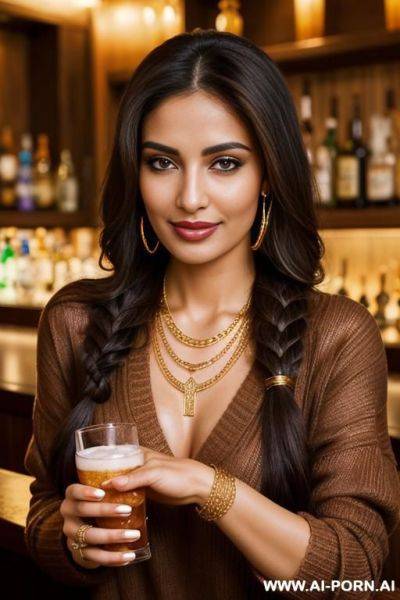 2 arabic women, at the bar, spreading legs, (gold necklace bracelets and rings), ((seductive smirk)), eyes contact, brown braided hair, brown sweater, drinking - ai-porn.ai on pornintellect.com
