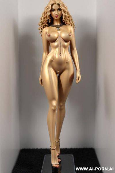 Long curly, very hairy pussy, totally naked, (completely naked no clothes) (sexy standing pose, eye contact) (((narrow hips:1.3))) (((tighs))), ((( figure))) necklace, (show boobs) (big loop earrings) direct front view, highheel sandals - ai-porn.ai on pornintellect.com
