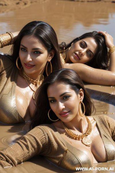 2 arabic women, in the mud, ((joyful)), (gold necklace bracelets and rings, hoop earrings), ((seductive smirk)), eyes contact, brown braided hair, brown sweater - ai-porn.ai on pornintellect.com