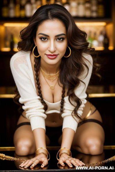 2 arabic women, in a bar, ((joyful)), (gold necklace bracelets and rings, hoop earrings), ((seductive smirk)), eyes contact, brown braided hair, brown sweater - ai-porn.ai on pornintellect.com