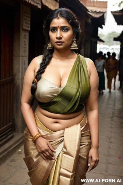 Indian woman, chubby, busty, massive breasts, big boobs, public street, crowded street - ai-porn.ai - India on pornintellect.com