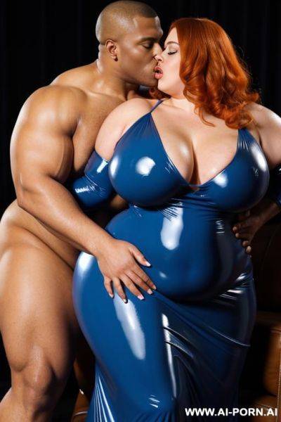A white obese fat woman with gigantic huge boobs, ginger hair in blue latex nightgown kissing black muscle man - ai-porn.ai on pornintellect.com