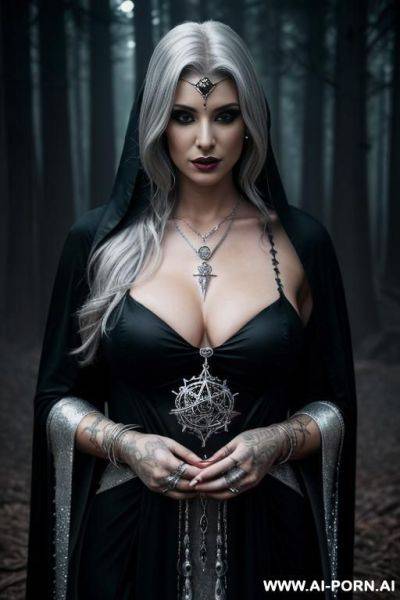 Sorceress, skin, teardrop boobs, tattoos, silver rings, silver necklace, silver bracelets, dark robe, dark dress, black crown, magic power, witchcraft, dark forest background - ai-porn.ai on pornintellect.com