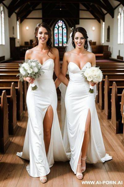 Two twin brides wedding with topless long white dress in church - ai-porn.ai on pornintellect.com