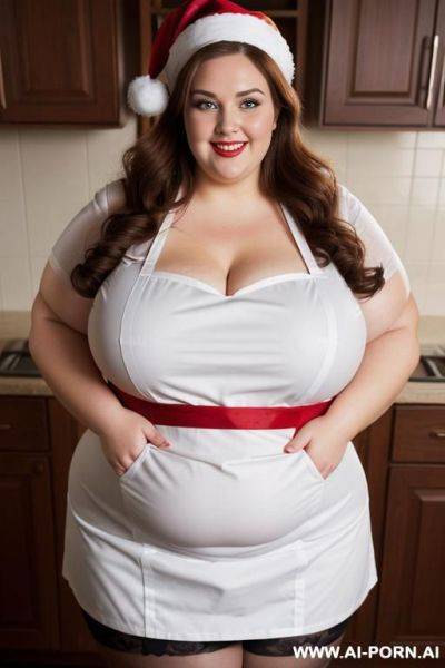 Apron, fat bbw plump, rotund, santa hat, 300 pounds, auburn brunette, wearing tight red apron, pear shaped body, round belly, extremely wide hips, hourglass, making cookies, heavy makeup, gorgeous, supermodel - ai-porn.ai on pornintellect.com