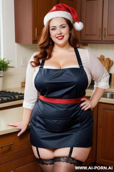 Apron, fat bbw plump, rotund, santa hat, 300 pounds, auburn brunette, wearing tight red apron, pear shaped body, round belly - ai-porn.ai on pornintellect.com