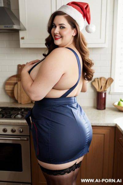 Making cookies, apron, fat bbw plump, rotund, santa hat, 300 pounds, auburn brunette, wearing tight red apron, pear shaped body, round belly, extremely wide hips, hourglass, making cookies, heavy makeup, gorgeous, supermodel - ai-porn.ai on pornintellect.com