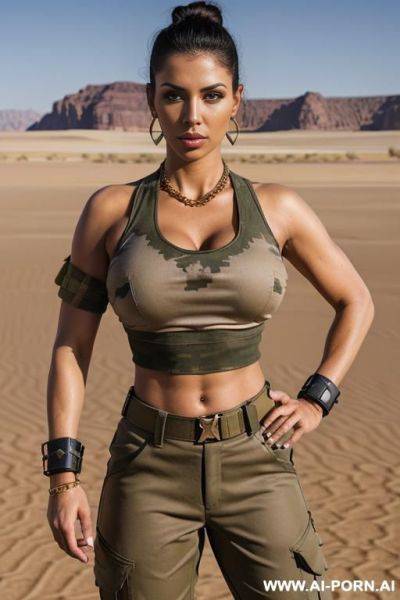 Mature woman. tanned. necklace, earrings, bracelet, ankle chain.., gold armband. (massive bulging bulbous round boobs). long thick pointed erect nipples. - ai-porn.ai on pornintellect.com