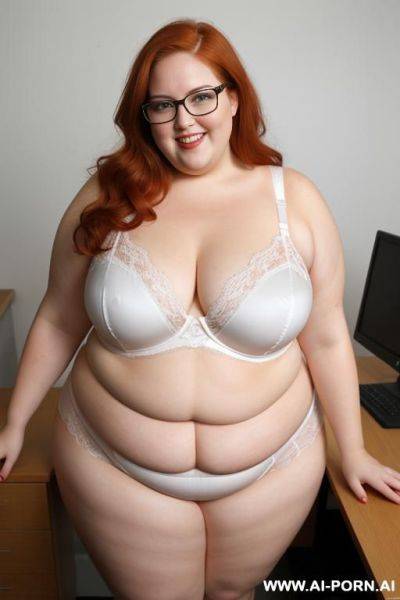 Half body photo shot, dinamyc angle, about an office, fat bbw chubby with love handless and tummy, wearing a sexy and hot shaping lingerie, very fat and obese wearing a teacher glasses - ai-porn.ai on pornintellect.com