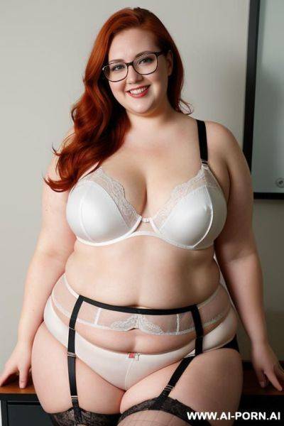 Half body photo shot, dinamyc angle, about an office, fat bbw chubby with love handless and tummy, wearing a sexy and hot garter belt lingerie, very fat and obese wearing a teacher glasses - ai-porn.ai on pornintellect.com