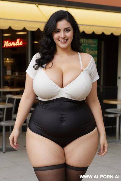 Hourglass figure, pear shaped, tight shirt, extra thicc, fat woman, deep belly button - ai-porn.ai on pornintellect.com