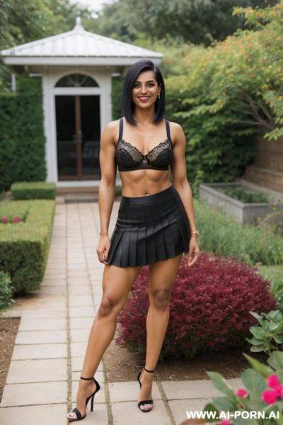 Indian, short hair, fit, abs, arms up, muscular arms, big ass, tall, long legs, navel piercing, cherry bra, cherry pleat skirt, looking at camera, full body, stiletto, in garden - ai-porn.ai - India on pornintellect.com