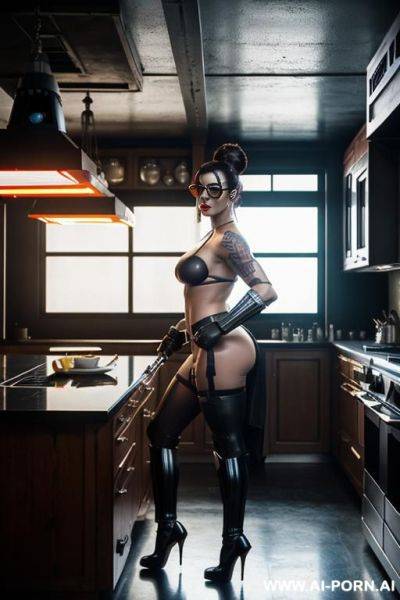 Pornstar, 20, emo, dark, lace, gigantic fake boobs, fake lips, yellow eyes, miss universe body, high heels, staring in a provocative way, emo, tattoos - ai-porn.ai on pornintellect.com