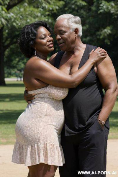 Chubby ebony mature woman, topless, standing in park, hugged by old white man - ai-porn.ai on pornintellect.com