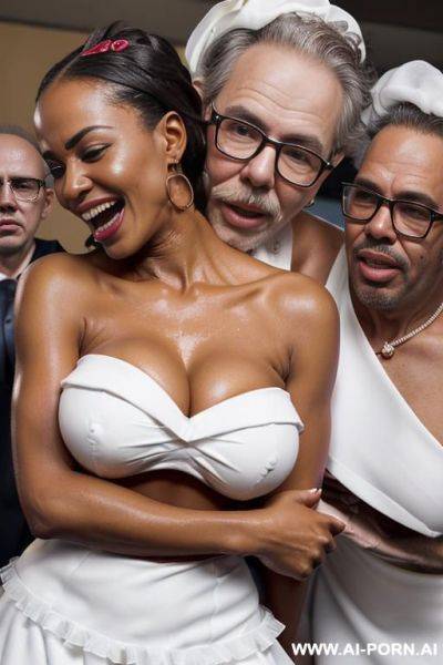 ((((medium shot)))) ((((hugging oldman behind )))) at office celebration pretty face black african wife on stage bathes in beer a lot of beer suds lot jacket men looks at her close up around - ai-porn.ai on pornintellect.com