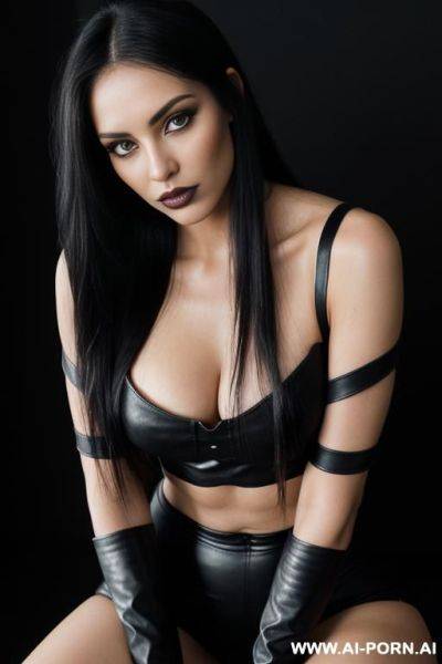 (long straight hair) (gothic model) (deep of field) (ideal facial ratios) (flirty and sexy energy) (soft skin) (makeup) ((look into camera)) ((smokey eye)) (low light) (black dark background) (black leather crop top with black leather sleeves)) - ai-porn.ai on pornintellect.com