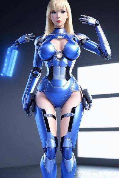 Robot woman, fully robotic body, robotic face, blonde hair with bangs, full body, standing, superwoman, expressive eyes, blue eyes, hands on waist, legs open, top view, ((keep face)) - ai-porn.ai on pornintellect.com
