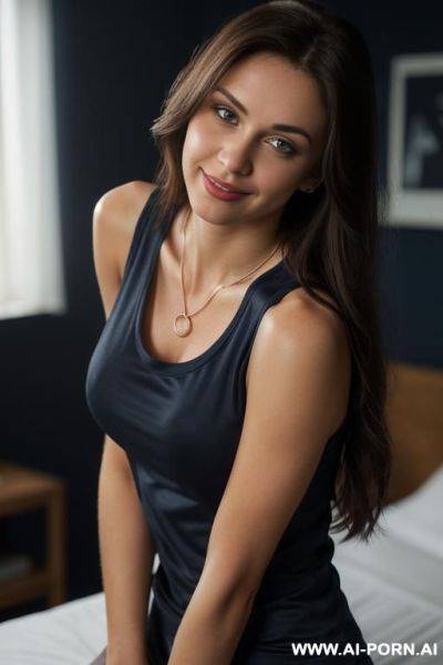 (((a tide tight white sleeveless t-shirt)))), (pretty face), (inviting eyes), (long voluminous hair), (necklace), ((black dark background)) ((depth of field)) ((fawless skin)) ((high contrast)) - ai-porn.ai on pornintellect.com