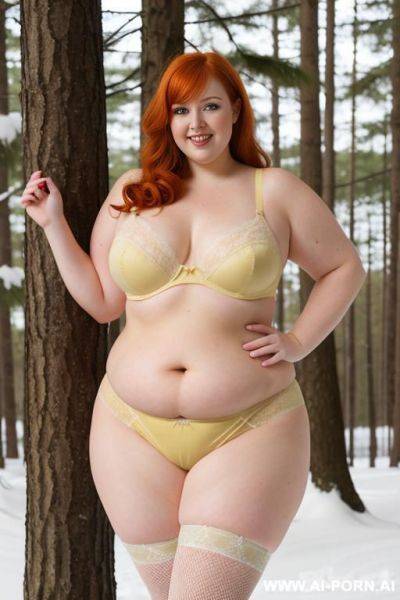 Half-length photo, dinamyc angle, in the winter forest, a fat chubby obese fat thick and bbw redhead british, she has lovehandless and a soft medium tummy. she is wearing a yellow lace stocking lingerie. she has the most body mom - ai-porn.ai - Britain on pornintellect.com