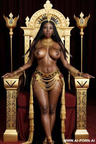Black african queen. palace throne. perky nipples. gold necklace, bracelets, thigh chain, anklet, headdress. enormous breasts. gold armband. - ai-porn.ai on pornintellect.com