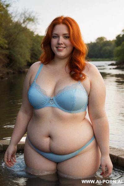 Half-length photo, dinamyc angle, as a setting in the river, a fat chubby obese fat thick and bbw redhead british, she is washing clothes. she has lovehandless and a soft medium tummy. she is wearing a skyblue suite lingerie. she has the most body mom - ai-porn.ai - Britain on pornintellect.com