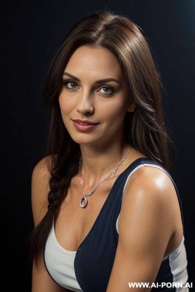 ((white shirt)) (((a tide tight white sleeveless shirt)))), (pretty face), (wide hips), (inviting eyes), (long voluminous hair), (necklace), (a neckline diving on her breasts ) ((black dark - ai-porn.ai on pornintellect.com