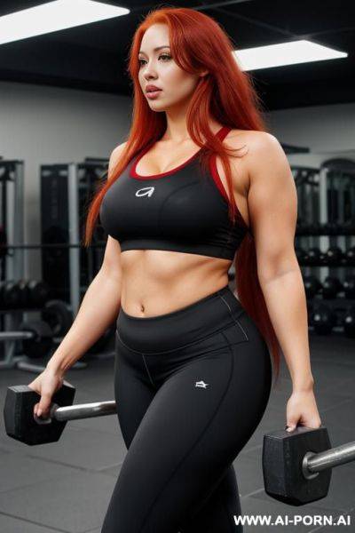 Long messy red hair, fat chubby body, tight sportswear, gym - ai-porn.ai on pornintellect.com