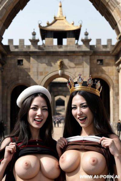 Flanking royal palace gate, historical dress, historical militar headdress, lots of people - ai-porn.ai on pornintellect.com