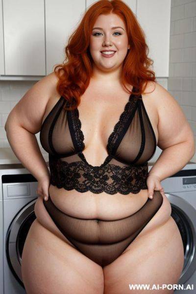 Half-length photo, dinamyc angle, as a set in the blue sea, a fat chubby obese fat thick and bbw redhead british, she is washing clothes. she has lovehandless and a soft medium tummy. she - ai-porn.ai - Britain on pornintellect.com