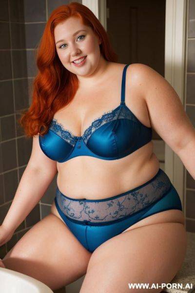 Half-length photo, dinamyc angle, in the blue sea, a fat chubby obese fat thick and bbw redhead british, she is washing clothes. she has lovehandless and a soft medium tummy. she is wearing a sky-orange lace stocking lingeries. she has the most body mom - ai-porn.ai - Britain on pornintellect.com