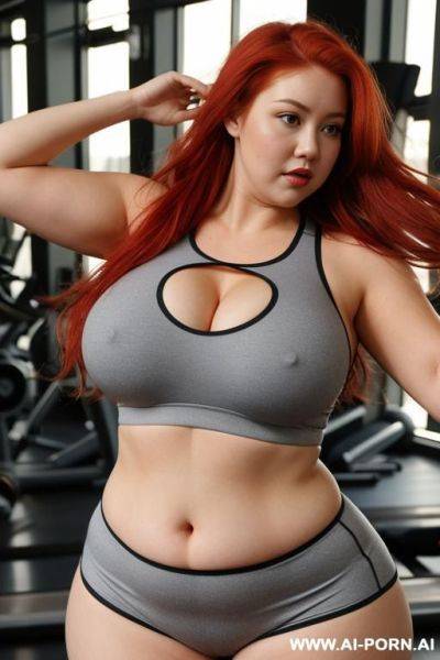 Long messy red hair, very fat chubby body, tight short sportswear, very overflowing boobs, doing gym - ai-porn.ai on pornintellect.com