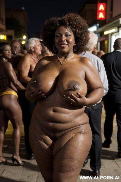 0 years old chubby african gilf with huge boobs, nude, standig, hugged by withe men, grandpas - ai-porn.ai on pornintellect.com